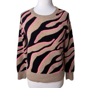 WHITE + WARREN Zebra Animal Print 100% Cashmere Crewneck Sweater Small